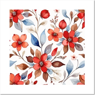 Red Flowers Light Blue Leaves Pattern on White Posters and Art